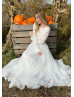 Long Sleeves Ivory Lace Polka Dots Tulle Boho Wedding Dress